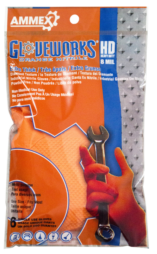 GWHD6PKORG - Ammex GWHD6PKORG Gloveworks HD 6-Pack Industrial Grade Heavy Duty Orange Nitrile Gloves, Powder Free