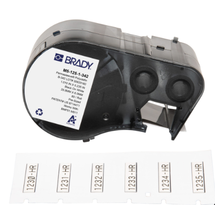 M4-51-427 - Brady Authentic (M4-51-427) Self-Laminating Vinyl Wrap Around Labels 2.5"H x 1"W Black on White, Clear, 110 Labels.